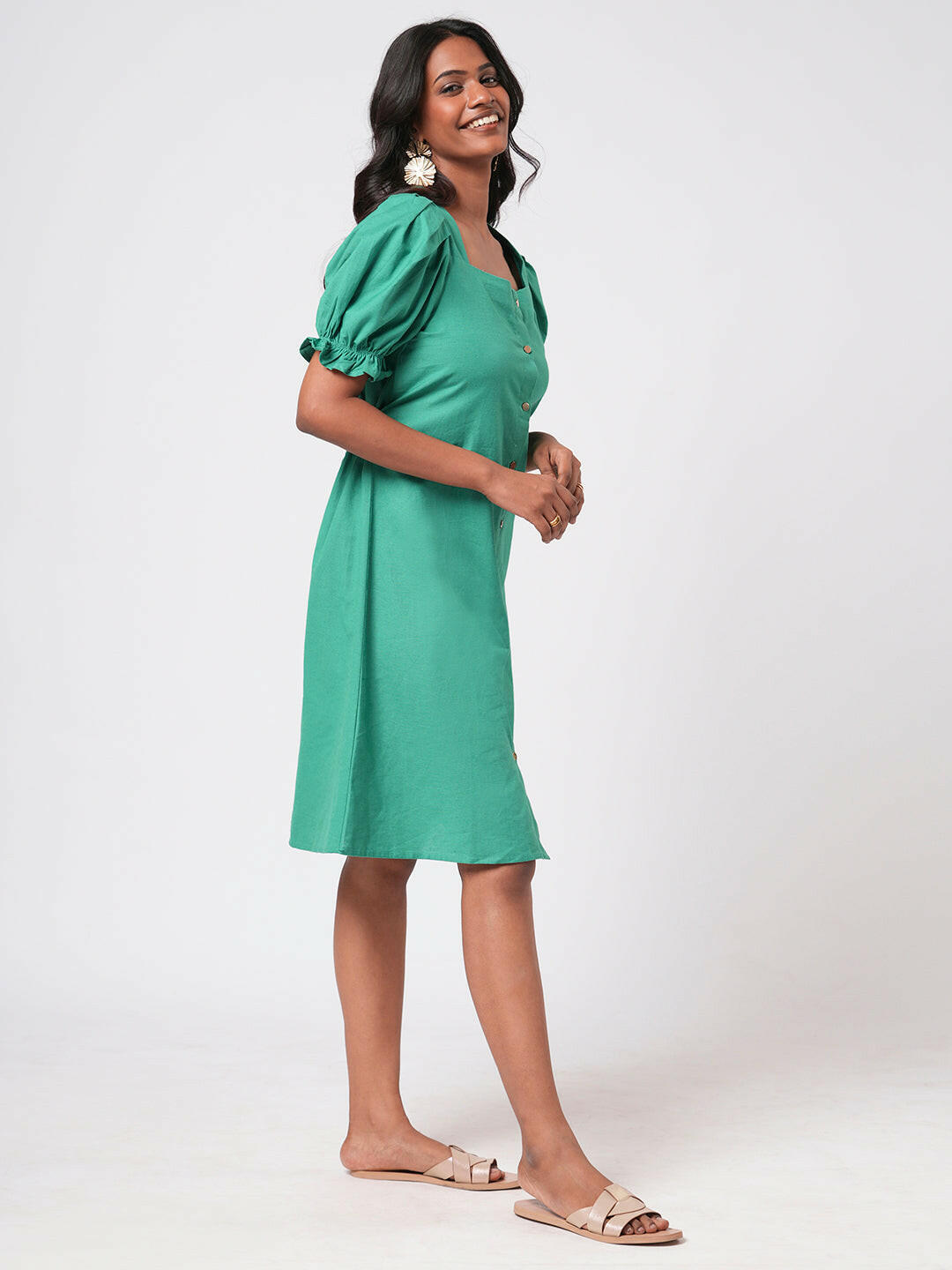 Linen Blend Puff Sleeve Dress.